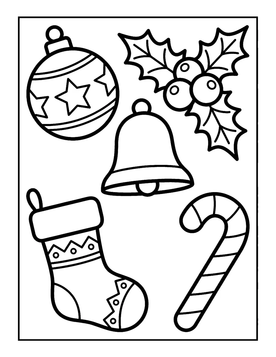 Coloring page: Christmas ornaments and holly
