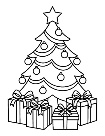 Coloring page: Decorated christmas tree with presents