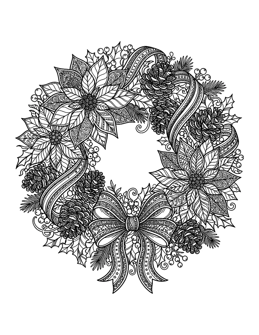 Coloring page: Intricate holiday wreath of poinsettias, pinecones, and ribbons