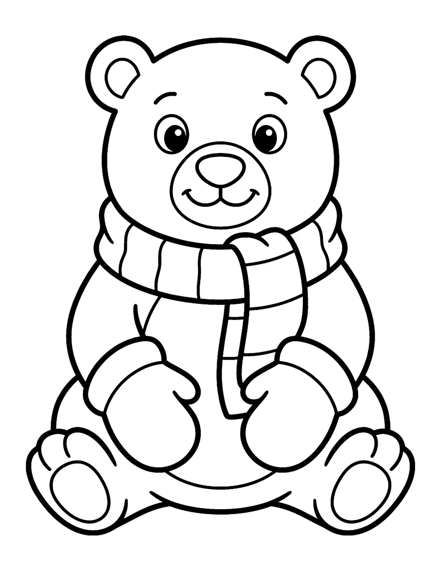 Coloring page: Polar bear wearing mittens and a winter scarf