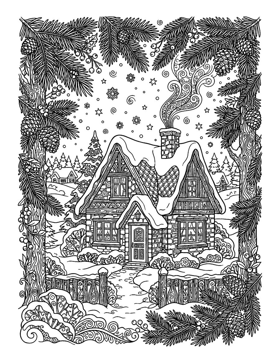 Coloring page: Snowy village cottage framed by evergreen boughs