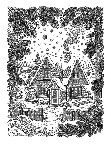 Coloring page: Snowy village cottage framed by evergreen boughs