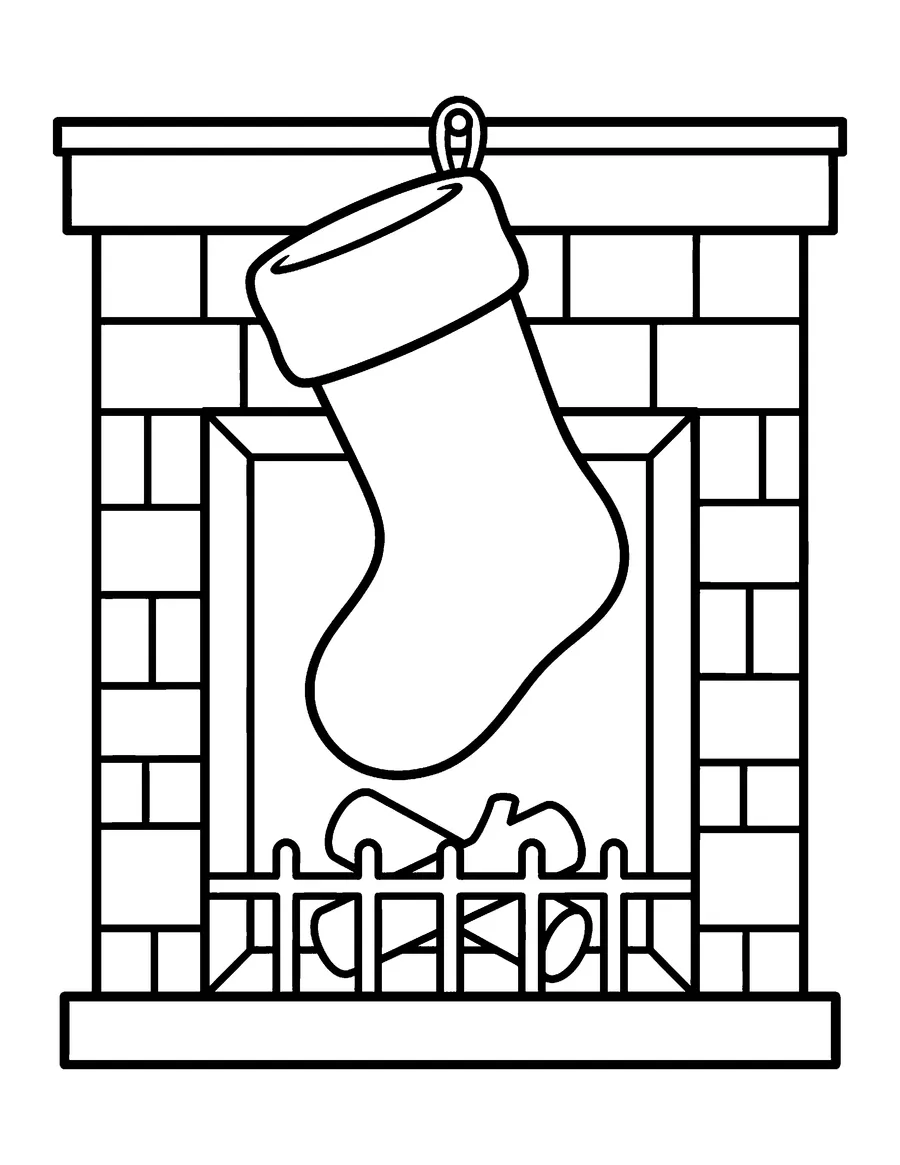 Coloring page: Stocking hanging by a fireplace