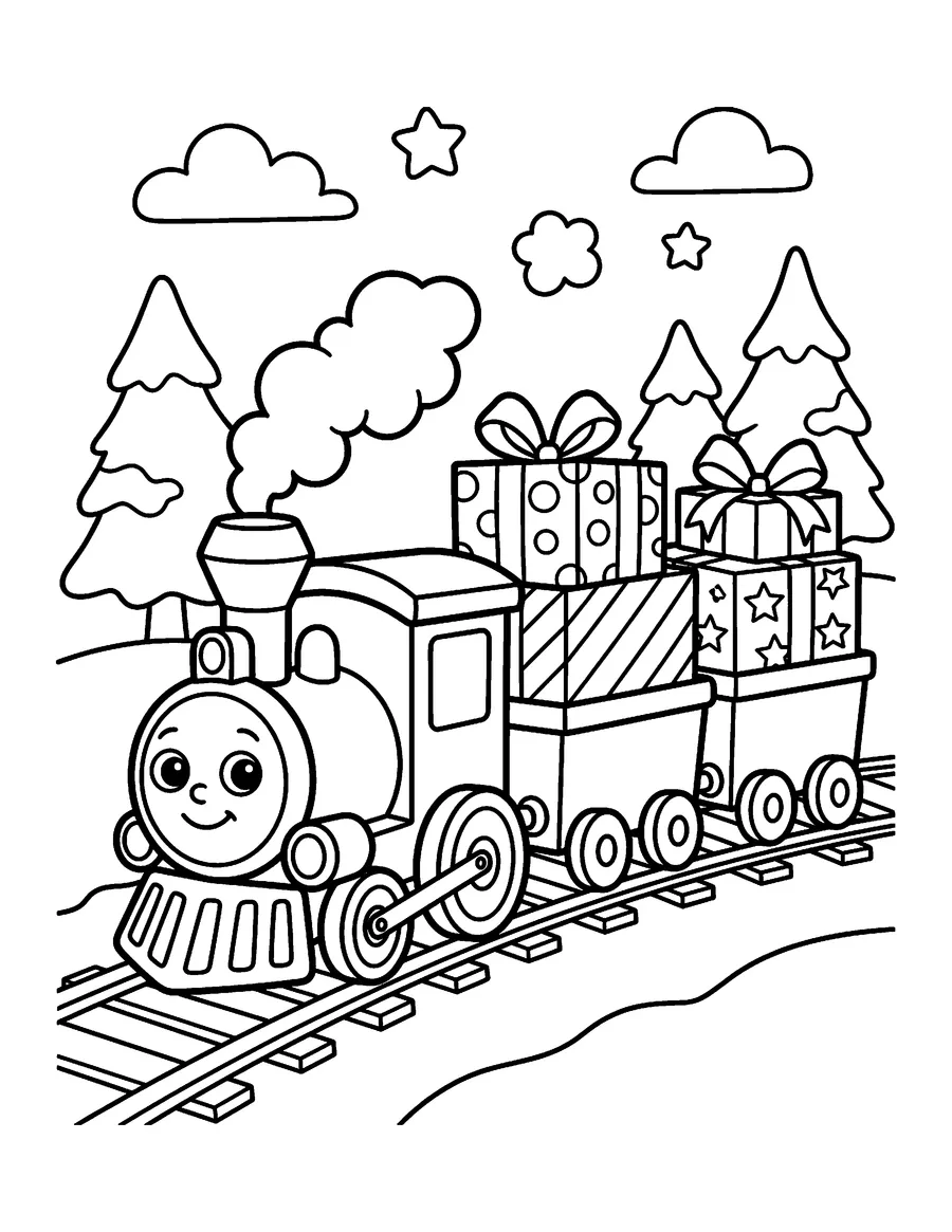Coloring page: Toy train carrying wrapped holiday gifts