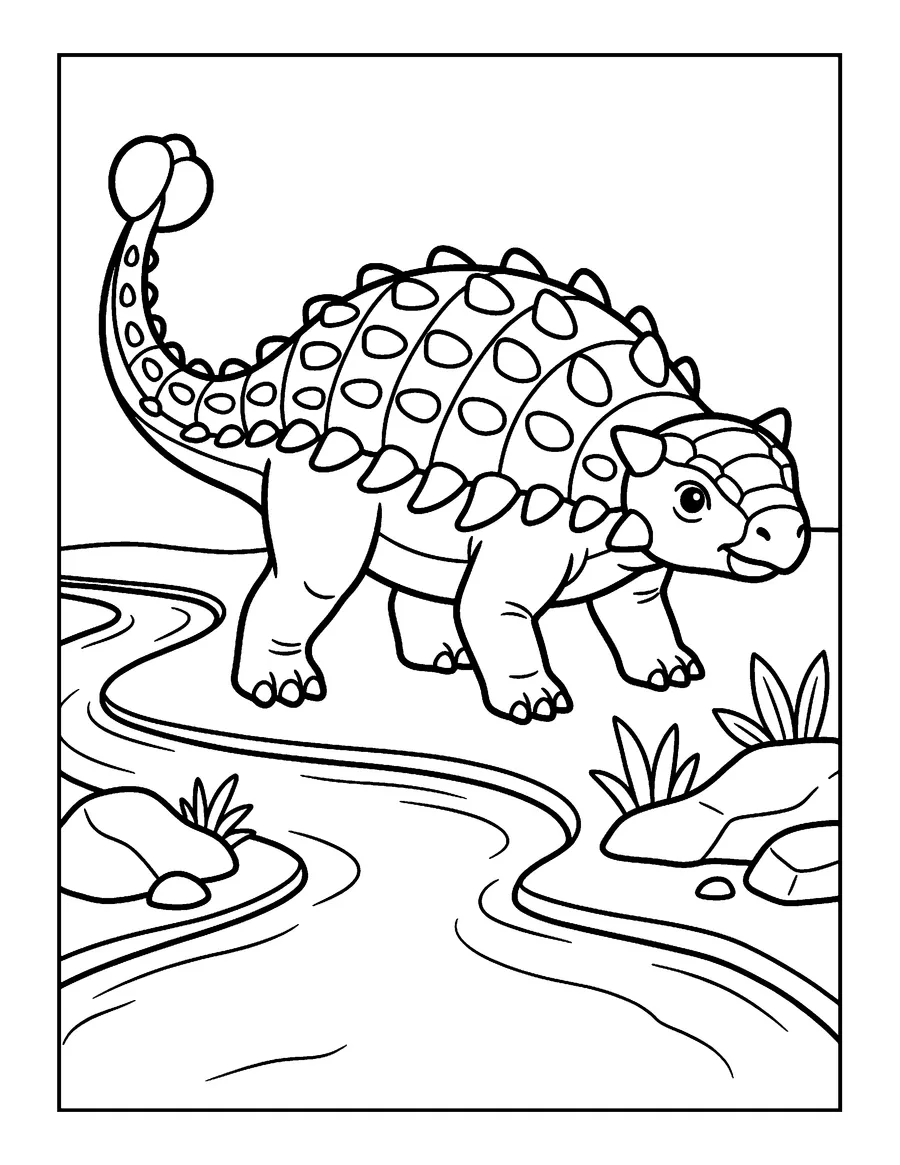 Coloring page: Ankylosaurus by a river