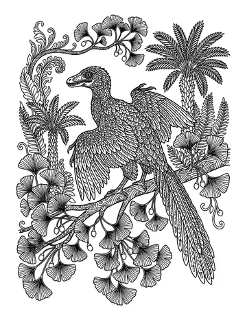 Coloring page: Feathered archaeopteryx perched on a ginkgo branch