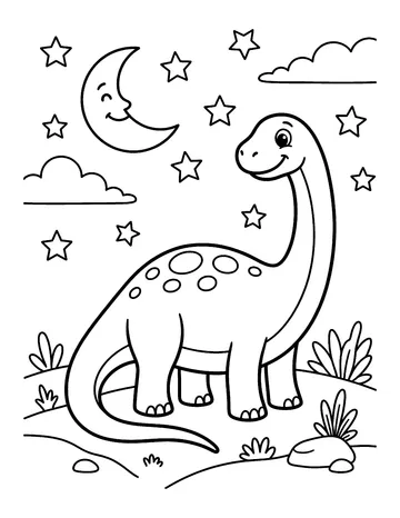 Coloring page: Friendly diplodocus under a starry sky