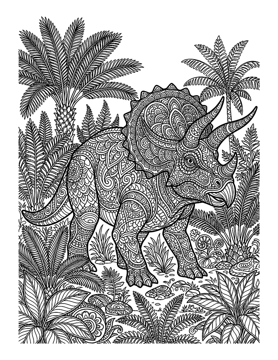 Coloring page: Ornate triceratops surrounded by lush cycad fronds