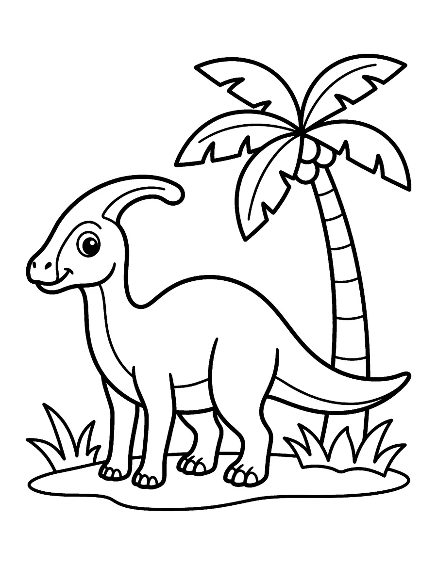 Coloring page: Parasaurolophus standing beside a palm tree