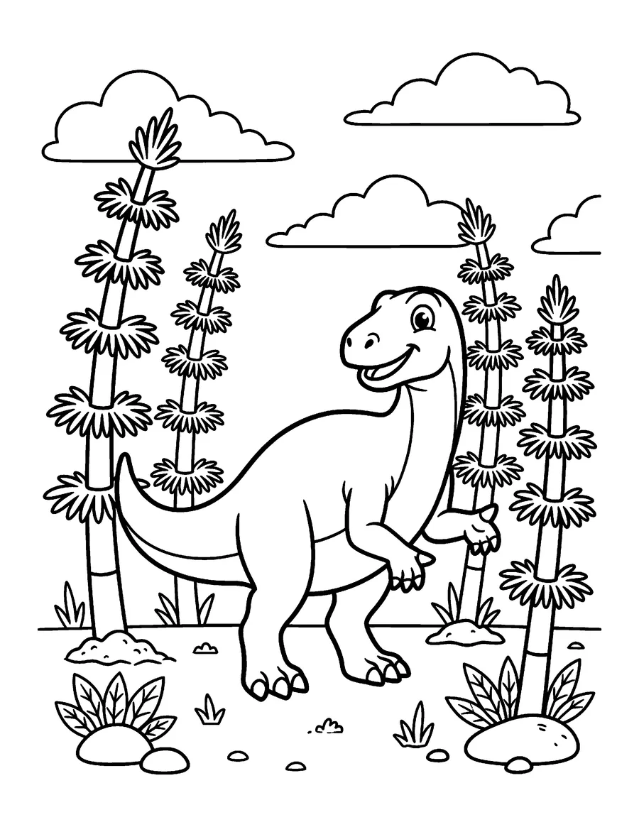 Coloring page: Playful iguanodon among giant horsetail plants