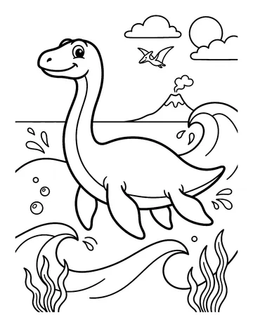 Coloring page: Smiling plesiosaur swimming in prehistoric waves