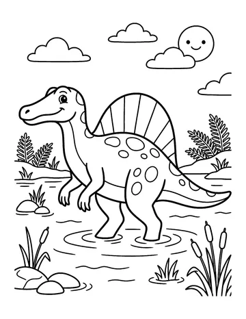 Coloring page: Spinosaurus wading in a shallow lagoon