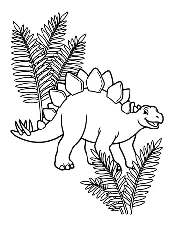 Coloring page: Stegosaurus walking past ferns