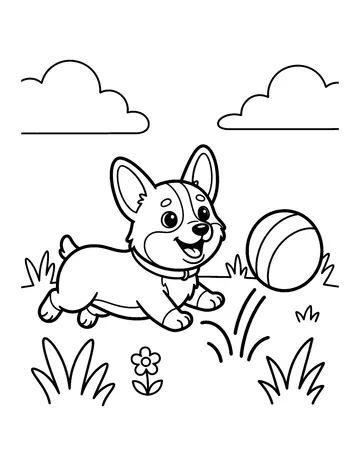 Coloring page: Corgi puppy chasing a bouncing ball