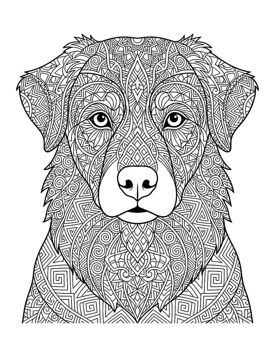 Coloring page: Dog portrait filled with geometric patterns