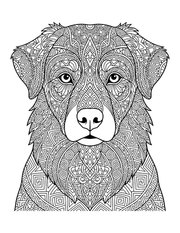 Coloring page: Dog portrait filled with geometric patterns