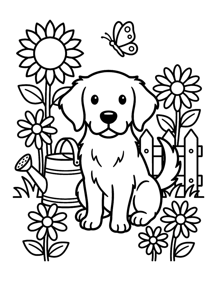Coloring page: Golden retriever puppy in a garden