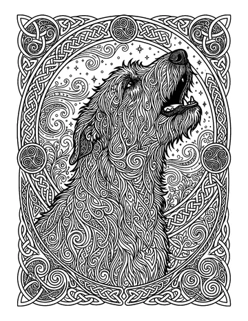 Coloring page: Howling wolfhound framed by celtic knotwork