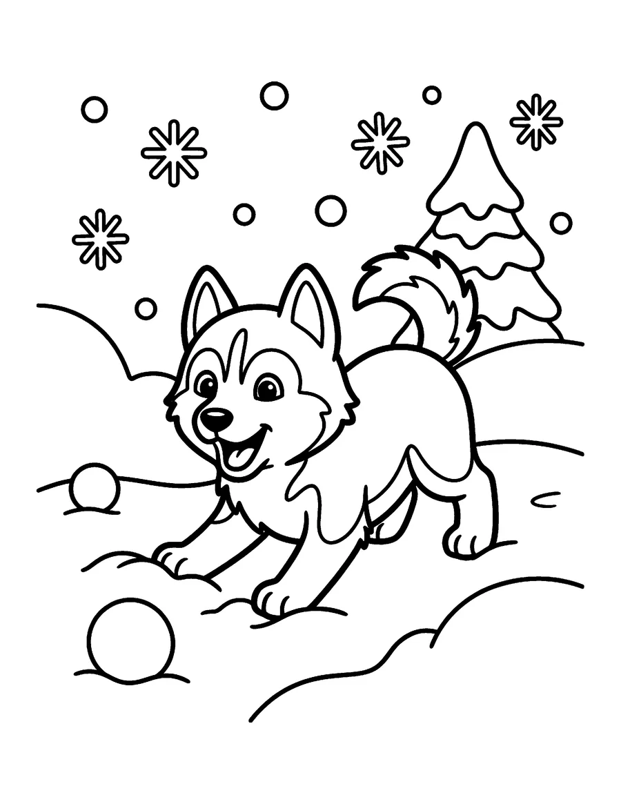 Coloring page: Husky puppy playing in the snow