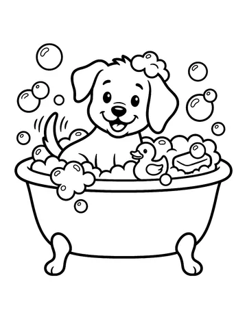 Coloring page: Puppy in a bathtub with bubbles
