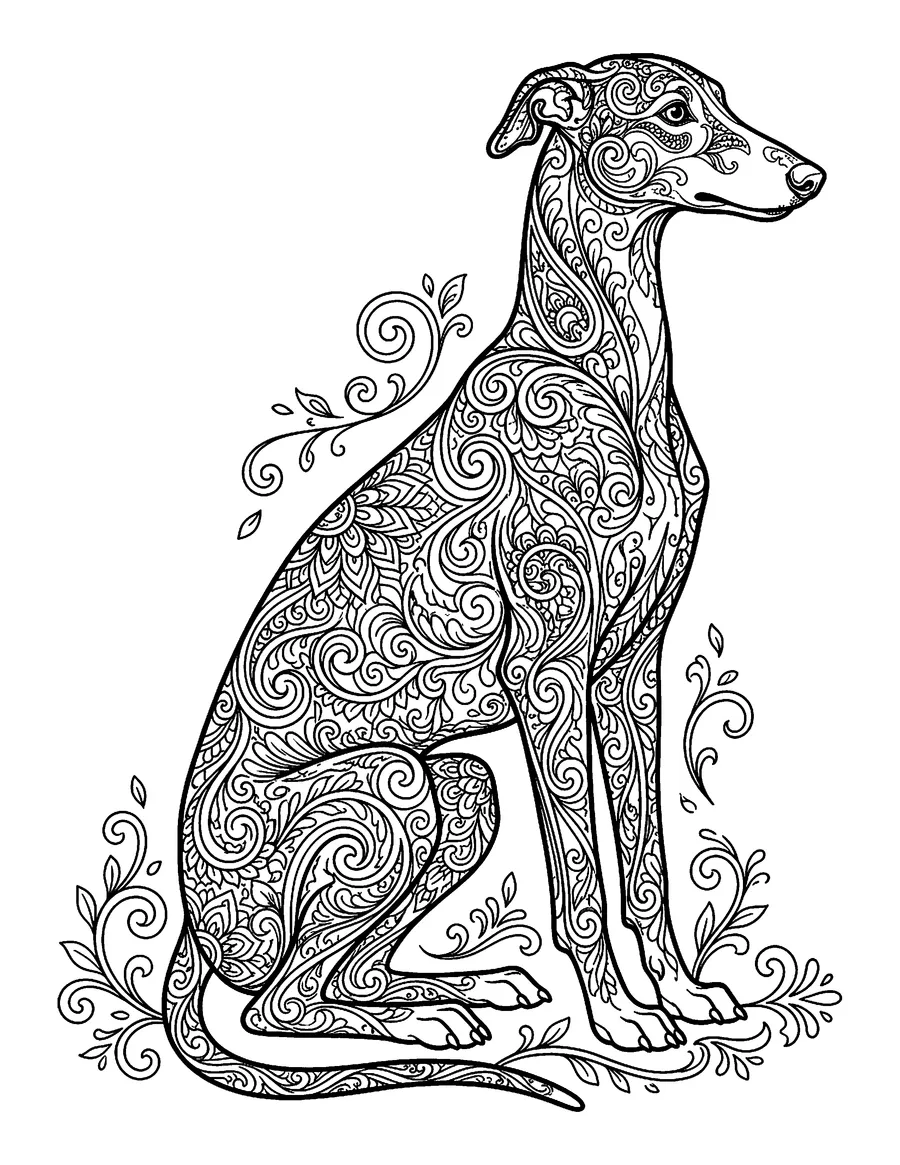 Coloring page: Seated greyhound adorned with ornate filigree swirls