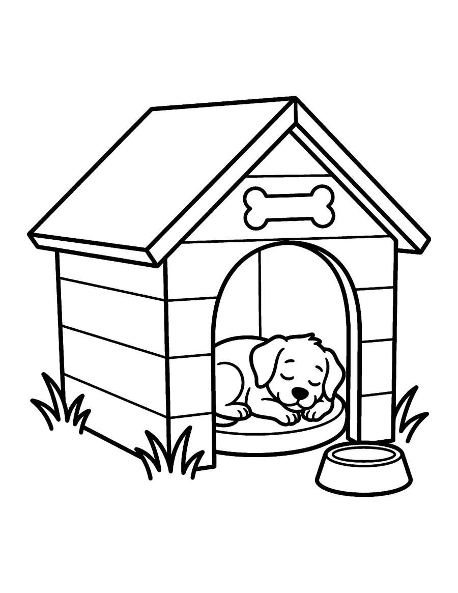 Coloring page: Sleepy puppy resting in a wooden doghouse