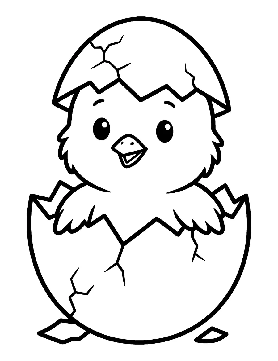 Coloring page: Fluffy chick hatching from a cracked eggshell