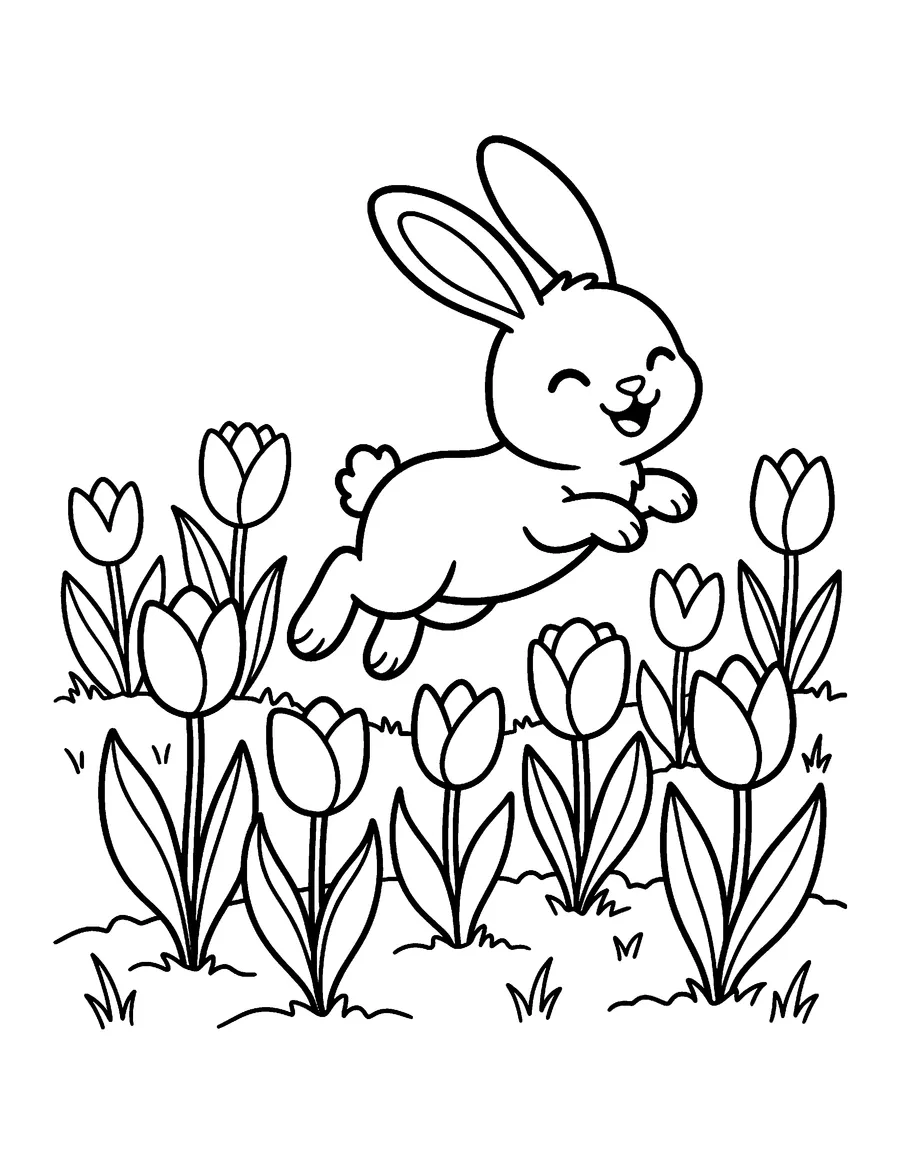 Coloring page: Happy bunny hopping through spring tulips
