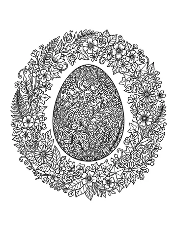 Coloring page: Intricate floral easter egg inside a wreath