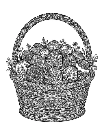 Coloring page: Ornate wicker basket overflowing with decorated eggs