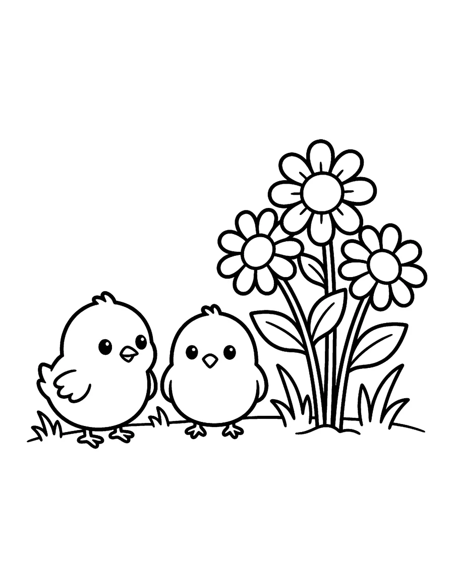 Coloring page: Pair of baby chicks beside spring daisies