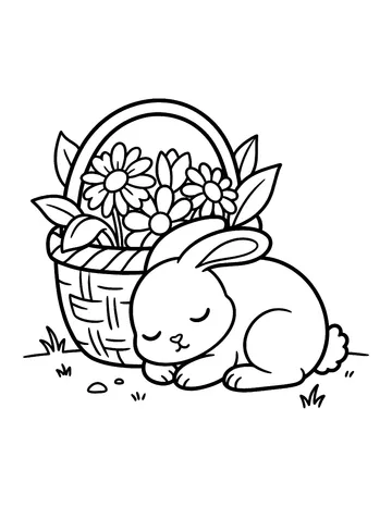 Coloring page: Sleeping bunny curled beside a flower basket