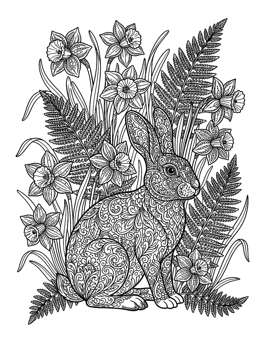 Coloring page: Woodland rabbit surrounded by daffodils and ferns