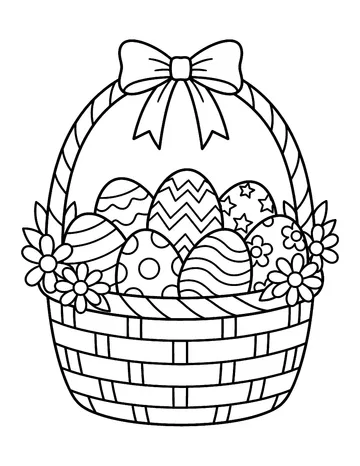 Coloring page: Woven spring basket filled with patterned eggs