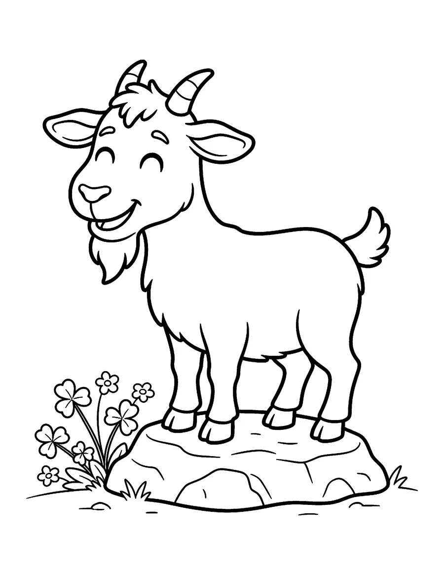 Coloring page: Cheerful goat standing on a rock