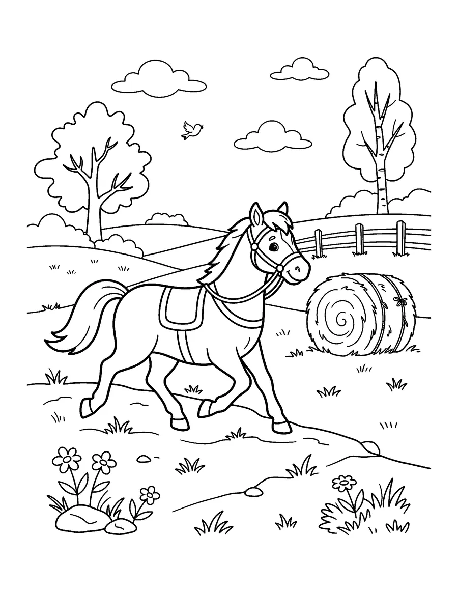 Coloring page: Gentle horse trotting near a hay bale