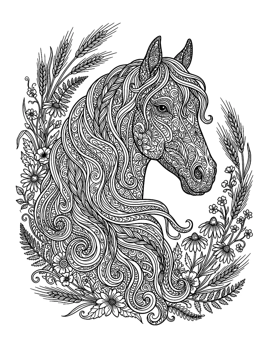 Coloring page: Horse portrait framed by wildflowers