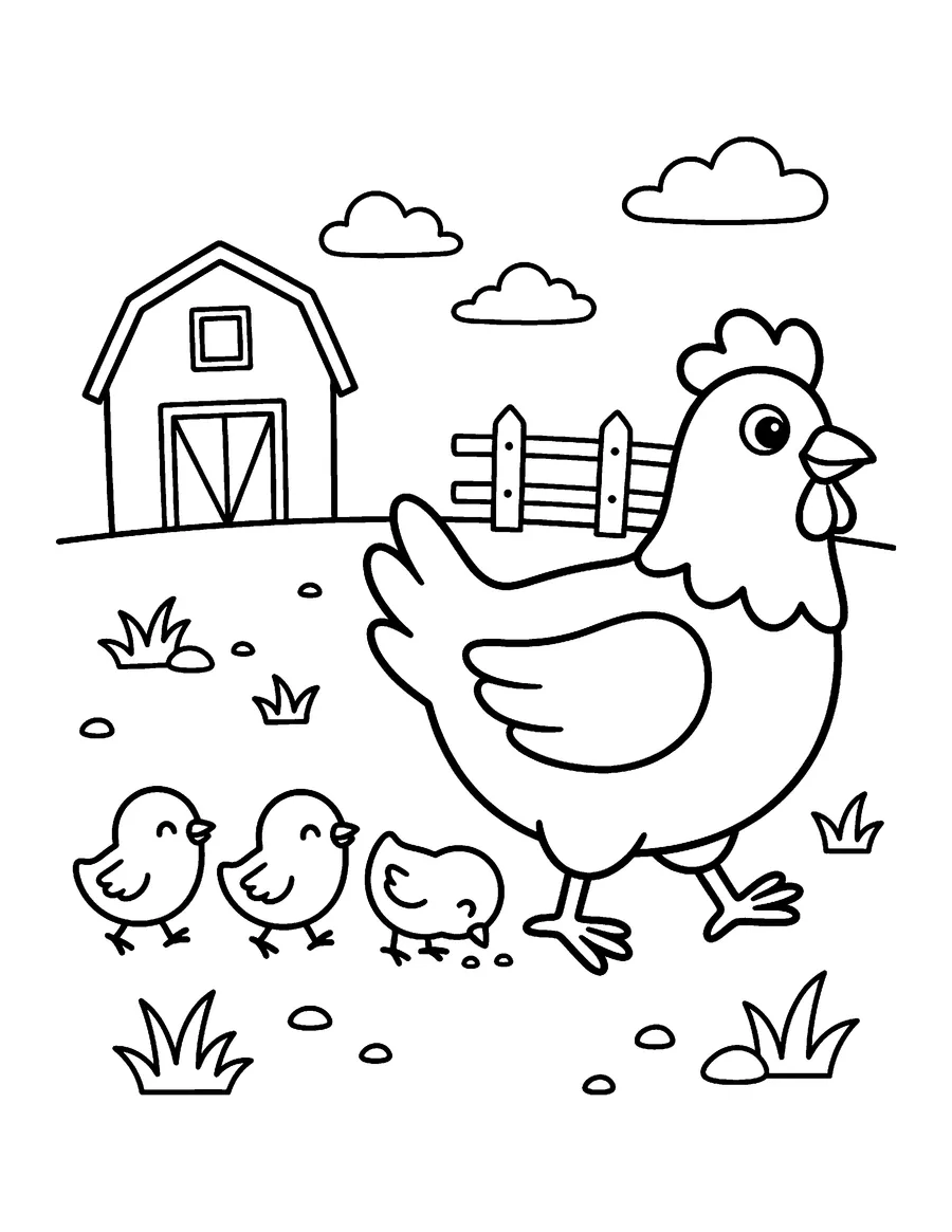 Coloring page: Mother hen with three little chicks