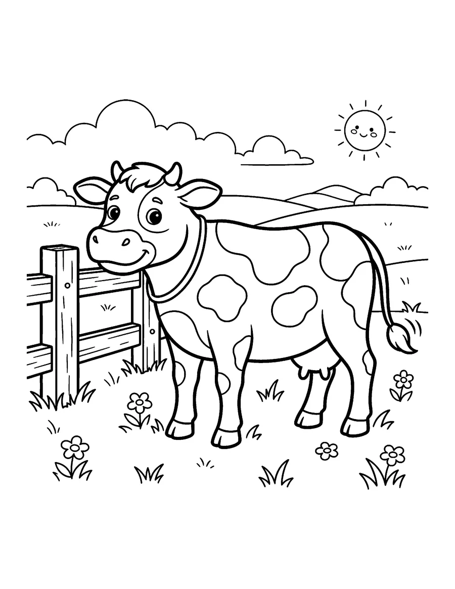 Coloring page: Spotted cow by a wooden fence