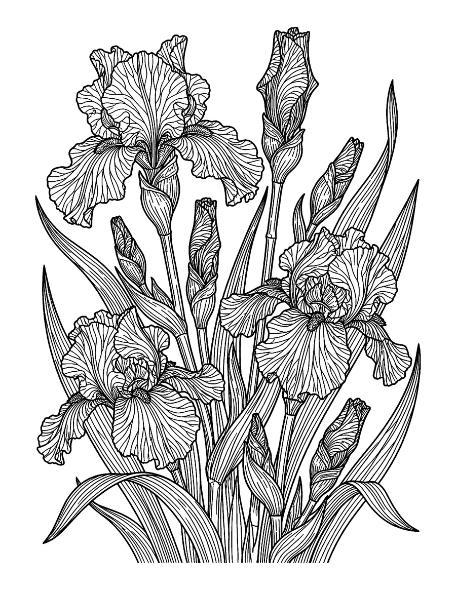 Coloring page: Botanical study of iris blossoms and buds