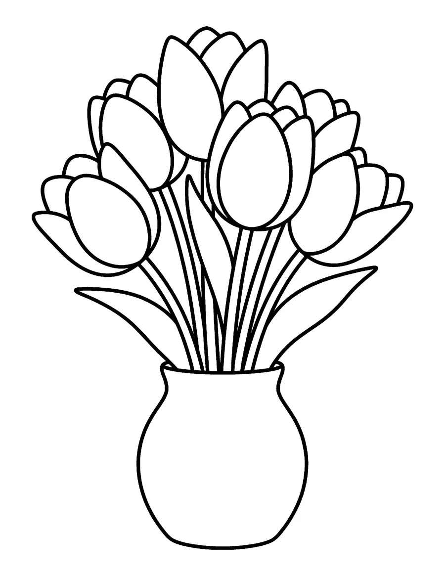 Coloring page: Bunch of tulips in a vase