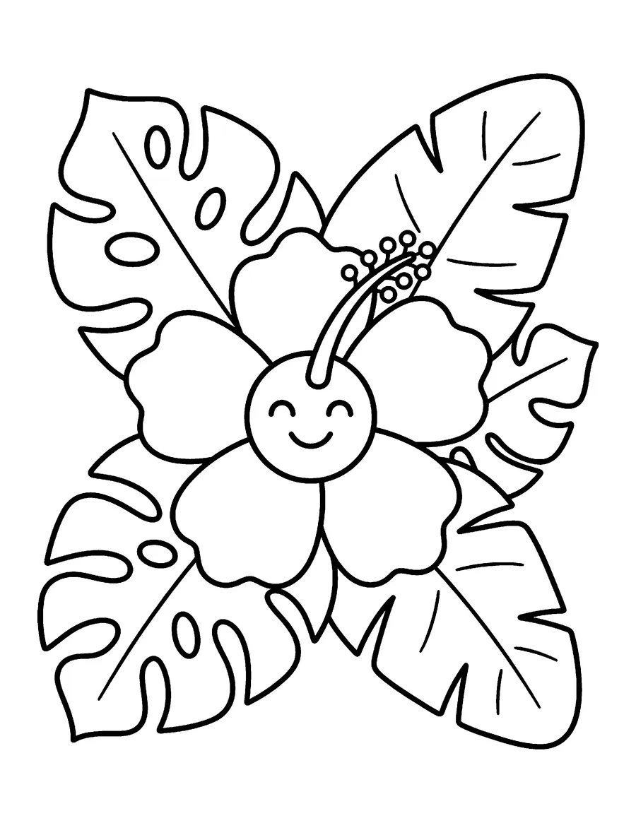 Coloring page: Cheerful hibiscus flower with tropical leaves
