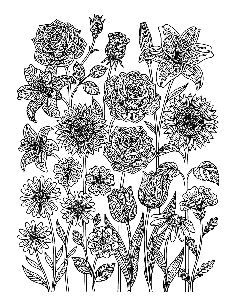Coloring page: Garden of mixed flowers