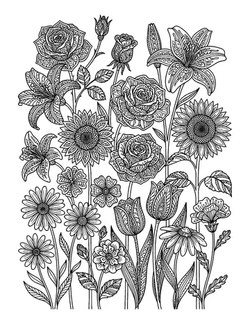 Coloring page: Garden of mixed flowers