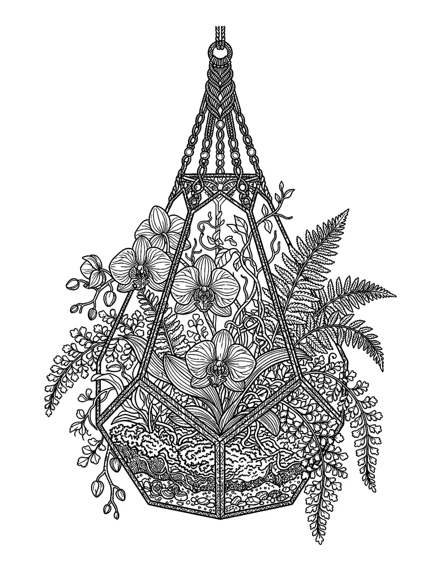 Coloring page: Hanging terrarium filled with orchids and ferns