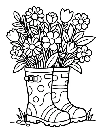 Coloring page: Pair of rain boots holding wildflowers