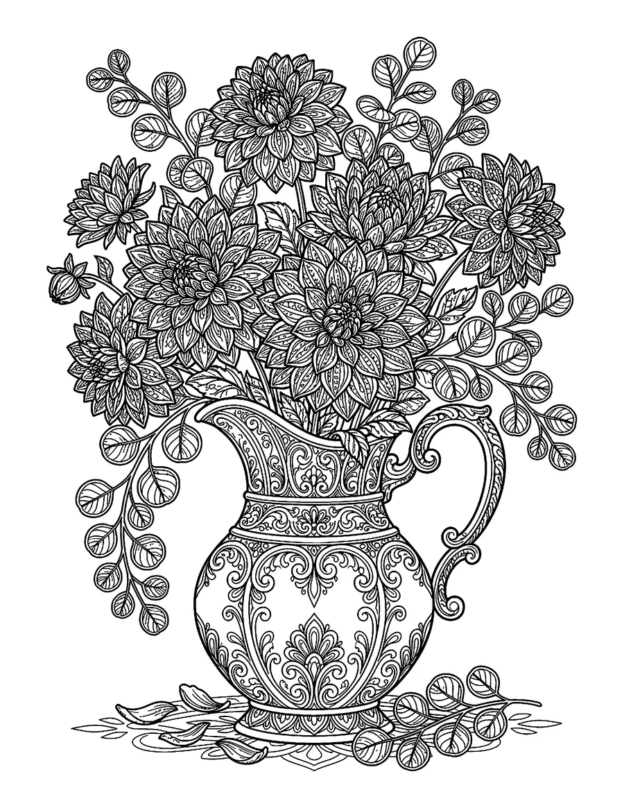 Coloring page: Vintage pitcher overflowing with dahlias and eucalyptus