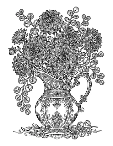 Coloring page: Vintage pitcher overflowing with dahlias and eucalyptus