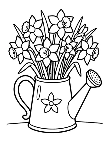 Coloring page: Watering can filled with spring daffodils