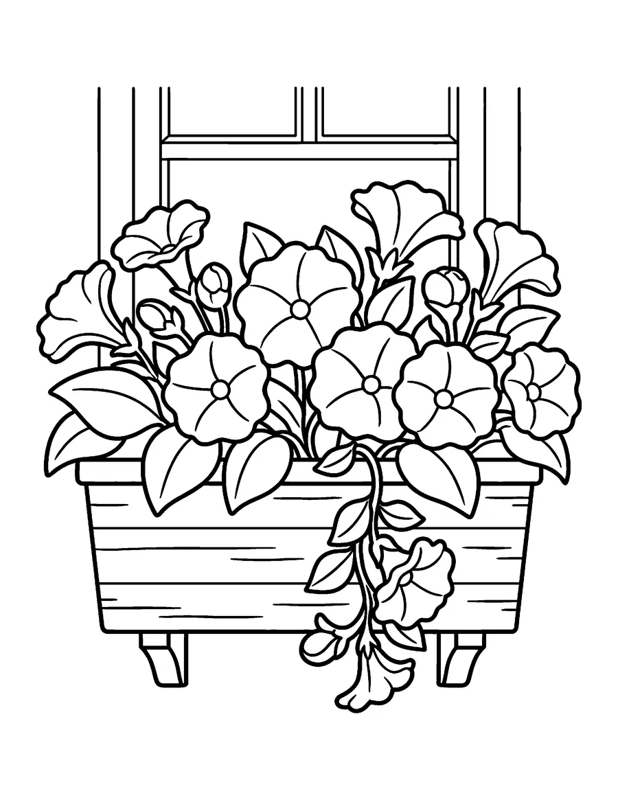 Coloring page: Wooden window box with blooming petunias